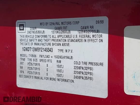 2000 Chevrolet Blazer LT with VIN 1GNDT13W8Y2149343, listed as a IAAI auction lot 42570173 with 128,445 mi miles and . Bid and sale history available at DreamBid. Image 9.