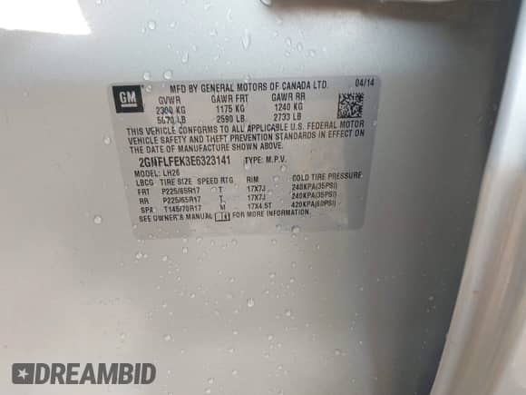 2014 Chevrolet Equinox LT with VIN 2GNFLFEK3E6323141, listed as a IAAI auction lot 43358446 with 191,752 mi miles and . Bid and sale history available at DreamBid. Image 9.