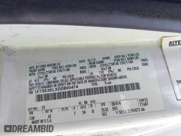 2013 Ford Econoline Cargo Commercial with VIN 1FTSE3ELXDDB00474, listed as a IAAI auction lot 42482483 with Not provided miles and . Bid and sale history available at DreamBid. Image 9.