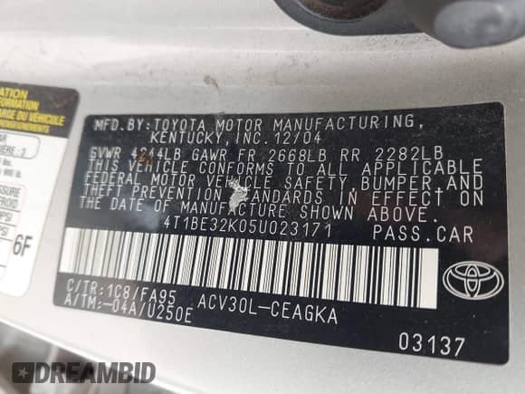 2005 Toyota Camry STD с VIN 4T1BE32K05U023171, выставлен на аукционе IAAI как лот 43401999 с пробегом 276 596 миль миль и . История ставок и продаж доступна на DreamBid. Изображение 9.