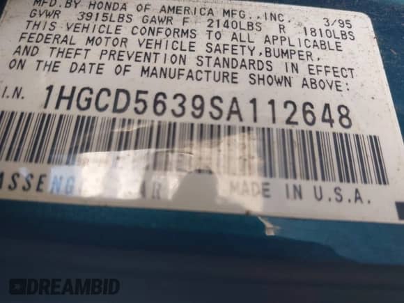 1995 Honda Accord LX с VIN 1HGCD5639SA112648, выставлен на аукционе IAAI как лот 42438947 с пробегом 228 038 миль миль и . История ставок и продаж доступна на DreamBid. Изображение 9.