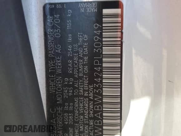 2004 BMW 3 Series 325Ci with VIN WBABW33424PL30949, listed as a Copart auction lot 86642235 with 58,752 mi miles and Clean title. Bid and sale history available at DreamBid. Image 12.