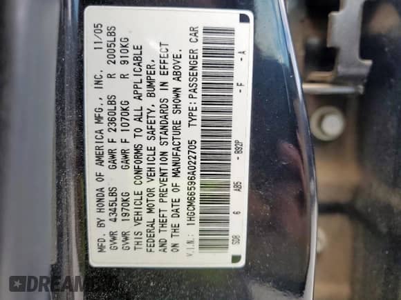 2006 Honda Accord EX-L z VIN 1HGCM66596A022705, wystawiony jako Copart lot #64009855 z przebiegiem 91 051 mil mil oraz Czysty tytuł • Clean title. Historia ofert i sprzedaży dostępna na DreamBid. Obrazek 12.