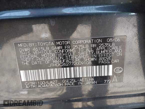 2007 Lexus IS 250 с VIN JTHCK262772009108, выставлен на аукционе IAAI как лот 42940508 с пробегом 182 375 миль миль и . История ставок и продаж доступна на DreamBid. Изображение 9.