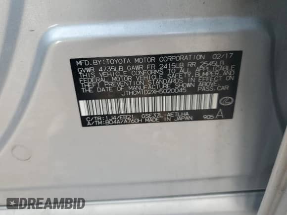 2017 Lexus IS 300 with VIN JTHCM1D2XH5020045, listed as a Copart auction lot 67247205 with Not provided miles and Salvage title. Bid and sale history available at DreamBid. Image 13.