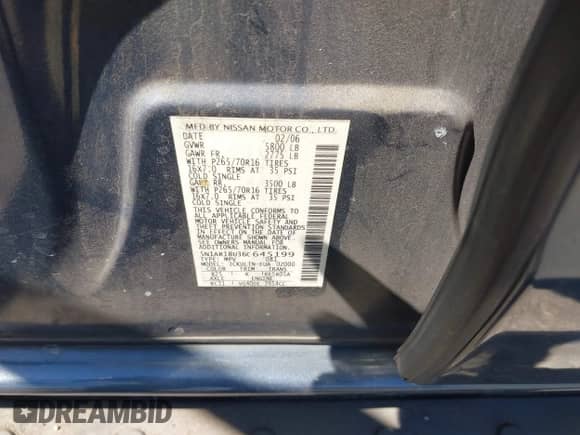 2006 Nissan Pathfinder SE z VIN 5N1AR18U36C645199, wystawiony jako IAAI lot #43189689 z przebiegiem 154 306 mil mil oraz . Historia ofert i sprzedaży dostępna na DreamBid. Obrazek 9.