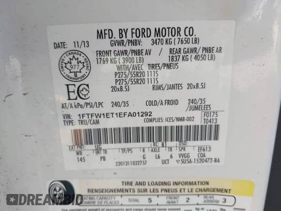 2014 Ford F-150 XL with VIN 1FTFW1ET1EFA01292, listed as a IAAI auction lot 42752802 with 195,139 mi miles and . Bid and sale history available at DreamBid. Image 9.