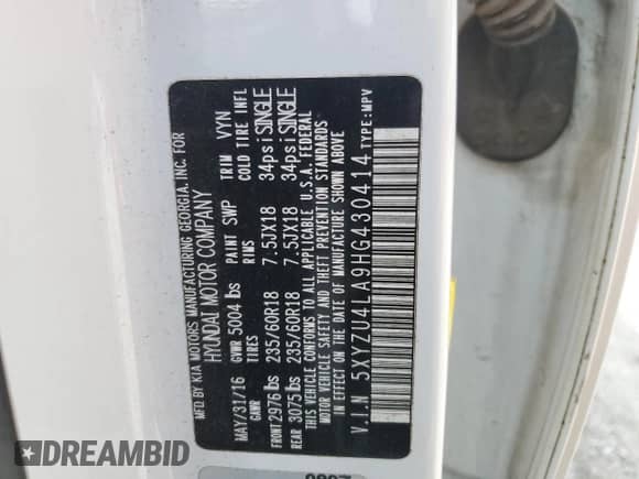 2017 Hyundai Santa Fe 2.0T с VIN 5XYZU4LA9HG430414, выставлен на аукционе Copart как лот 60644885 с пробегом 196 073 миль миль и Чистый • Clean title. История ставок и продаж доступна на DreamBid. Изображение 13.