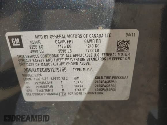 2011 Chevrolet Equinox LTZ with VIN 2GNALFEC6B1279759, listed as a IAAI auction lot 43356306 with 243,749 mi miles and . Bid and sale history available at DreamBid. Image 9.