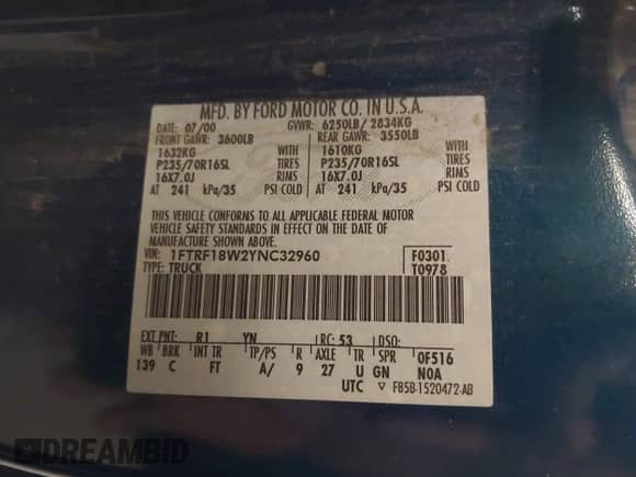 2000 Ford F-150 XL z VIN 1FTRF18W2YNC32960, wystawiony jako IAAI lot #42487779 z przebiegiem 126 416 mil mil oraz . Historia ofert i sprzedaży dostępna na DreamBid. Obrazek 9.