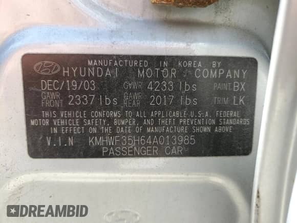 2004 Hyundai Sonata GLS z VIN KMHWF35H64A013985, wystawiony jako Copart lot #42814235 z przebiegiem 78 084 mil mil oraz Nie do naprawy • Non repairable. Historia ofert i sprzedaży dostępna na DreamBid. Obrazek 12.