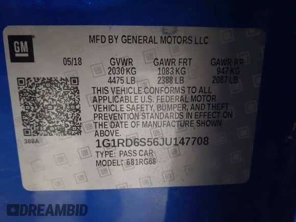 2018 Chevrolet Volt Premier с VIN 1G1RD6S56JU147708, выставлен на аукционе IAAI как лот 43423260 с пробегом 32 666 миль миль и . История ставок и продаж доступна на DreamBid. Изображение 9.