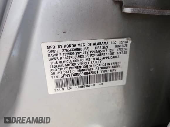 2009 Honda Pilot Touring with VIN 5FNYF48889B042501, listed as a Copart auction lot 82244955 with 187,616 mi miles and Salvage title. Bid and sale history available at DreamBid. Image 13.