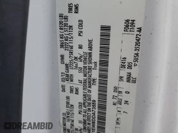 2013 Ford Econoline Cargo Commercial with VIN 1FTNE1EW8DDA73559, listed as a Copart auction lot 52942975 with 288,790 mi miles and Clean title. Bid and sale history available at DreamBid. Image 13.