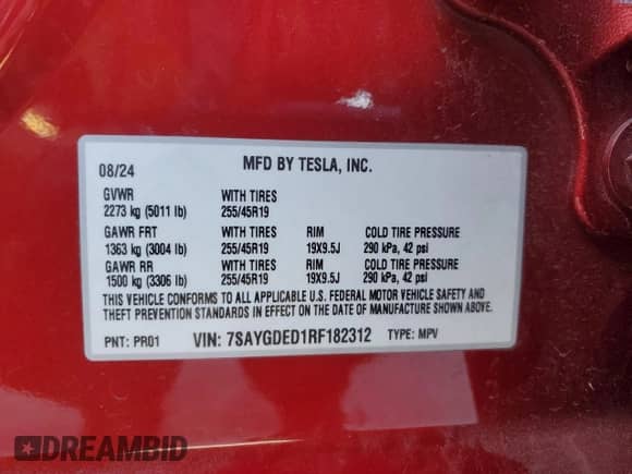 2024 Tesla Model Y с VIN 7SAYGDED1RF182312, выставлен на аукционе Copart как лот 59100165 с пробегом 10 583 миль миль и Списание • Salvage title. История ставок и продаж доступна на DreamBid. Изображение 13.