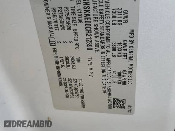 2012 Chevrolet Tahoe LS with VIN 1GNSKAE00CR212390, listed as a Copart auction lot 71676775 with Not provided miles and Salvage title. Bid and sale history available at DreamBid. Image 13.