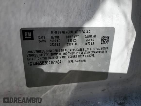 2016 Chevrolet Sonic LTZ with VIN 1G1JE6SB2G4161484, listed as a Copart auction lot 85056125 with 182,175 mi miles and Clean title. Bid and sale history available at DreamBid. Image 13.