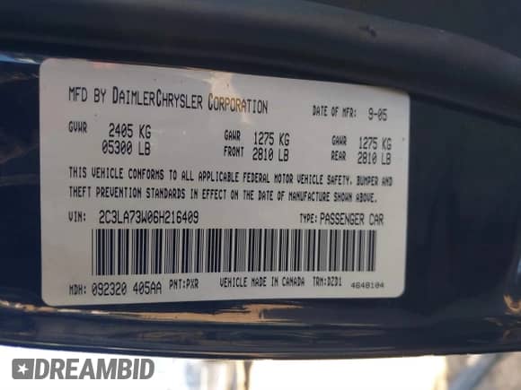 2006 Chrysler 300 C SRT-8 with VIN 2C3LA73W06H216409, listed as a IAAI auction lot 41588832 with 187,662 mi miles and . Bid and sale history available at DreamBid. Image 9.