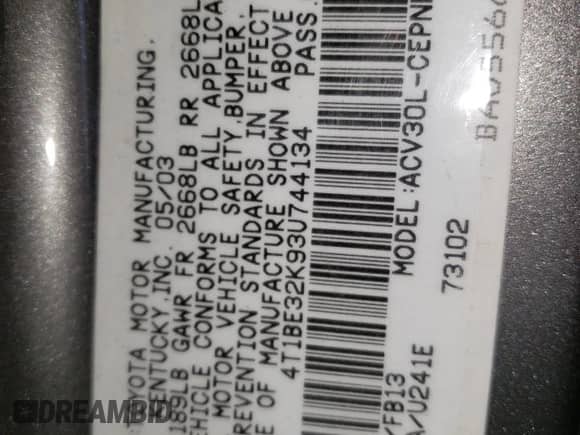 2003 Toyota Camry LE with VIN 4T1BE32K93U744134, listed as a Copart auction lot 70332795 with 208,689 mi miles and Salvage title. Bid and sale history available at DreamBid. Image 12.