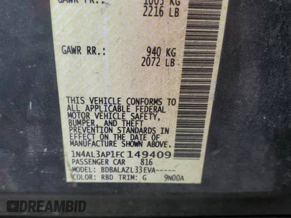 2015 Nissan Altima SV с VIN 1N4AL3AP1FC149409, выставлен на аукционе Copart как лот 70722785 с пробегом 165 830 миль миль и Списание • Salvage title. История ставок и продаж доступна на DreamBid. Изображение 12.