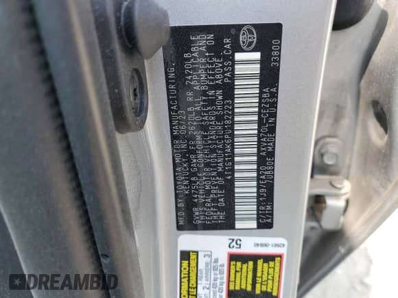 2023 Toyota Camry SE с VIN 4T1G11AK6PU182223, выставлен на аукционе Copart как лот 67414965 с пробегом 27 891 миль миль и Списание • Salvage title. История ставок и продаж доступна на DreamBid. Изображение 12.