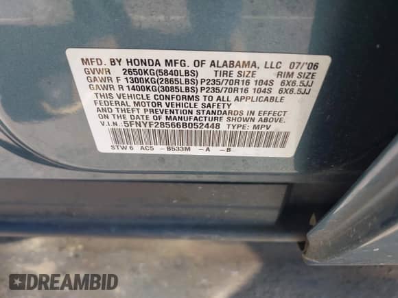 2006 Honda Pilot EX-L z VIN 5FNYF28566B052448, wystawiony jako IAAI lot #38364489 z przebiegiem 227 729 mil mil oraz . Historia ofert i sprzedaży dostępna na DreamBid. Obrazek 9.