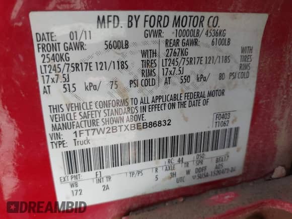 2011 Ford F-250 XL с VIN 1FT7W2BTXBEB86832, выставлен на аукционе IAAI как лот 41993212 с пробегом Не указан миль и . История ставок и продаж доступна на DreamBid. Изображение 9.