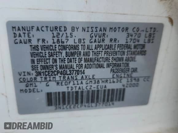 2016 Nissan Note S Plus с VIN 3N1CE2CP4GL377014, выставлен на аукционе Copart как лот 68961535 с пробегом 71 745 миль миль и Списание • Salvage title. История ставок и продаж доступна на DreamBid. Изображение 14.