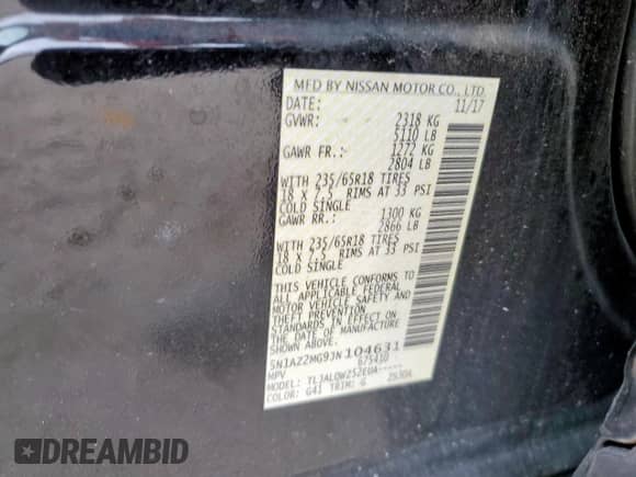 2018 Nissan Murano SL z VIN 5N1AZ2MG9JN104631, wystawiony jako Copart lot #67091055 z przebiegiem 69 119 mil mil oraz Szkoda całkowita • Salvage title. Historia ofert i sprzedaży dostępna na DreamBid. Obrazek 12.