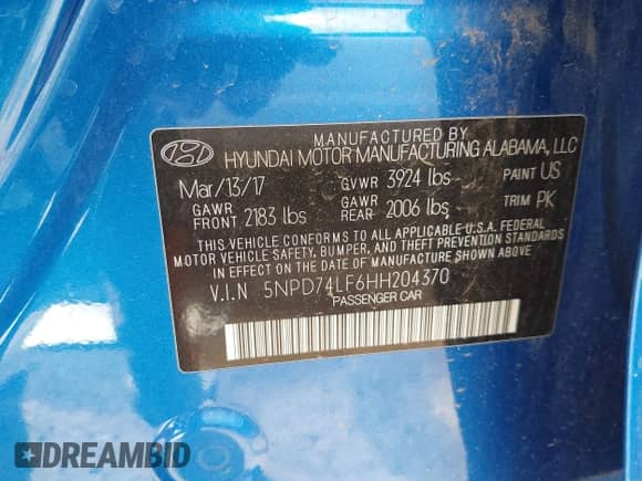 2017 Hyundai Elantra SE z VIN 5NPD74LF6HH204370, wystawiony jako IAAI lot #43321721 z przebiegiem 56 052 mil mil oraz . Historia ofert i sprzedaży dostępna na DreamBid. Obrazek 9.