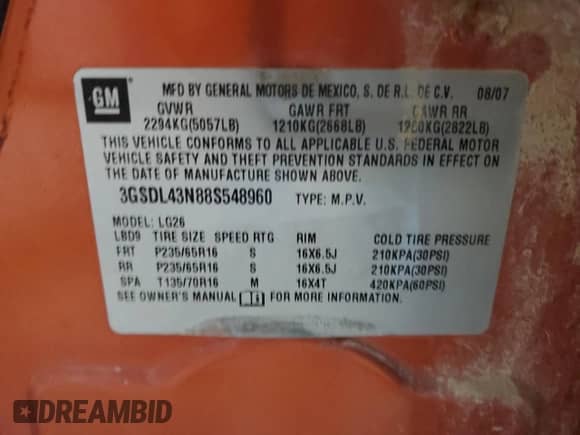 2008 Saturn VUE XE с VIN 3GSDL43N88S548960, выставлен на аукционе Copart как лот 62865765 с пробегом 180 820 миль миль и Чистый • Clean title. История ставок и продаж доступна на DreamBid. Изображение 13.