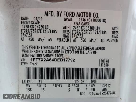 2013 Ford F-250 XL z VIN 1FT7X2A64DEB17792, wystawiony jako Copart lot #51159425 z przebiegiem 246 495 mil mil oraz Czysty tytuł • Clean title. Historia ofert i sprzedaży dostępna na DreamBid. Obrazek 12.