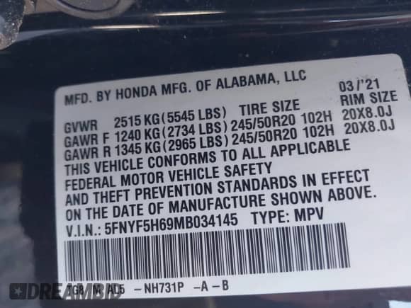 2021 Honda Pilot Touring 7-Passenger с VIN 5FNYF5H69MB034145, выставлен на аукционе IAAI как лот 41832468 с пробегом 85 008 миль миль и . История ставок и продаж доступна на DreamBid. Изображение 9.