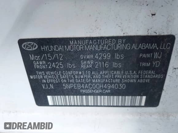 2012 Hyundai Sonata GLS z VIN 5NPEB4AC0CH494030, wystawiony jako IAAI lot #43244782 z przebiegiem 183 931 mil mil oraz . Historia ofert i sprzedaży dostępna na DreamBid. Obrazek 9.