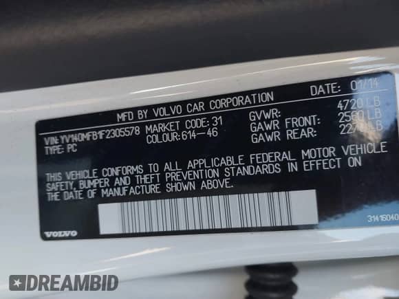 2015 Volvo S60 T5 Drive-E Premier with VIN YV140MFB1F2305578, listed as a IAAI auction lot 41417997 with 114,546 mi miles and . Bid and sale history available at DreamBid. Image 9.