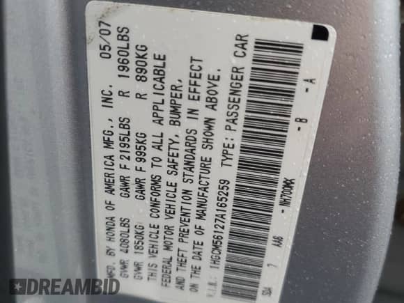 2007 Honda Accord VP с VIN 1HGCM56127A165259, выставлен на аукционе Copart как лот 67966035 с пробегом 103 454 миль миль и Списание • Salvage title. История ставок и продаж доступна на DreamBid. Изображение 12.