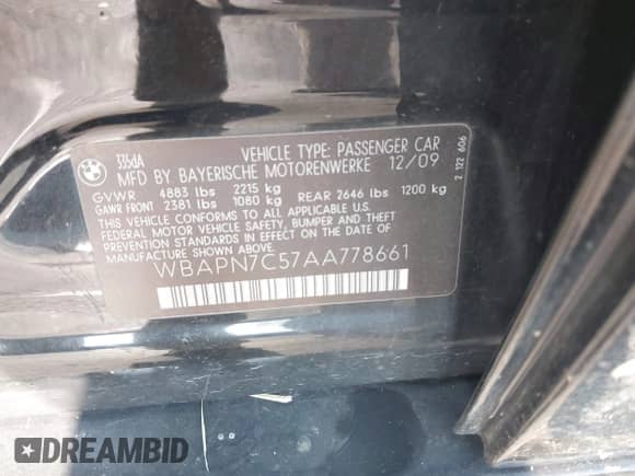 2010 BMW 3 Series 335d с VIN WBAPN7C57AA778661, выставлен на аукционе IAAI как лот 43165287 с пробегом 164 036 миль миль и . История ставок и продаж доступна на DreamBid. Изображение 9.