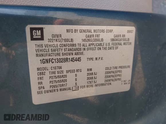 2008 Chevrolet Tahoe 3LT with VIN 1GNFC13028R145445, listed as a IAAI auction lot 42456811 with 237,056 mi miles and . Bid and sale history available at DreamBid. Image 9.