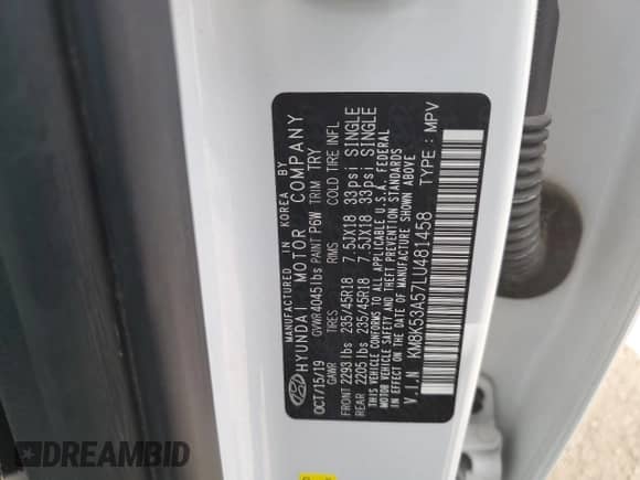 2020 Hyundai Kona Ultimate with VIN KM8K53A57LU481458, listed as a Copart auction lot 62759995 with 53,910 mi miles and Salvage title. Bid and sale history available at DreamBid. Image 13.