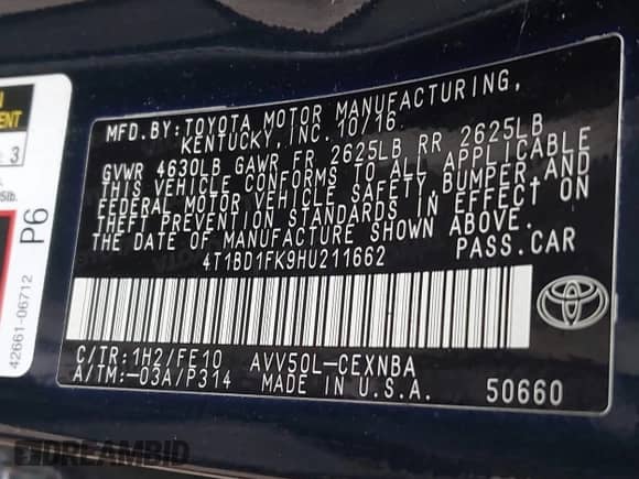 2017 Toyota Camry Hybrid LE with VIN 4T1BD1FK9HU211662, listed as a IAAI auction lot 42463487 with 261,404 mi miles and . Bid and sale history available at DreamBid. Image 9.