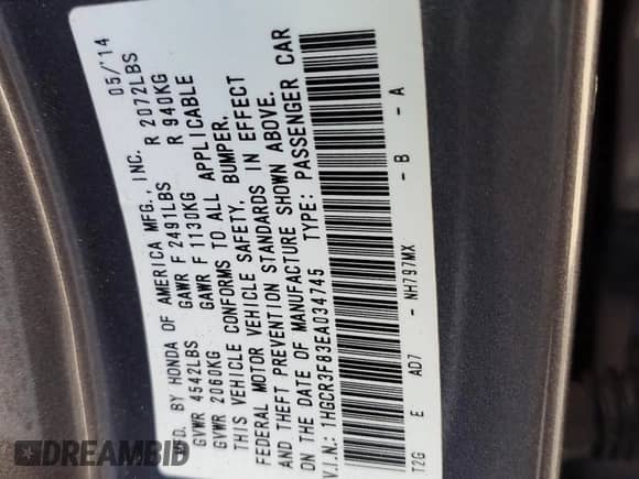 2014 Honda Accord EX-L with VIN 1HGCR3F83EA034745, listed as a Copart auction lot 84263315 with 156,565 mi miles and Salvage title. Bid and sale history available at DreamBid. Image 12.