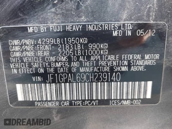 2012 Subaru Impreza Special Sports Premium z VIN JF1GPAL69CH239140, wystawiony jako IAAI lot #42753021 z przebiegiem 210 032 mil mil oraz . Historia ofert i sprzedaży dostępna na DreamBid. Obrazek 9.