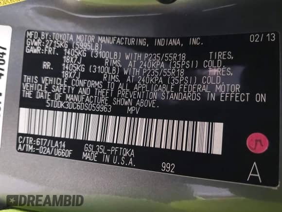 2013 Toyota Sienna XLE with VIN 5TDDK3DC6DS059963, listed as a IAAI auction lot 42703023 with 212,980 mi miles and . Bid and sale history available at DreamBid. Image 9.
