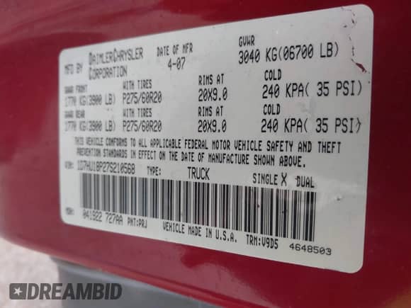 2007 Dodge 1500 SLT с VIN 1D7HU18P27S210568, выставлен на аукционе IAAI как лот 41736081 с пробегом 154 970 миль миль и . История ставок и продаж доступна на DreamBid. Изображение 9.