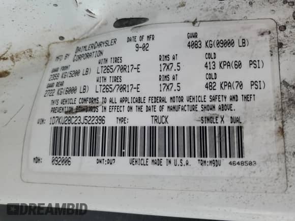 2003 Dodge RAM with VIN 1D7KU28C23J522396, listed as a Copart auction lot 67268385 with 119,570 mi miles and Non repairable. Bid and sale history available at DreamBid. Image 12.