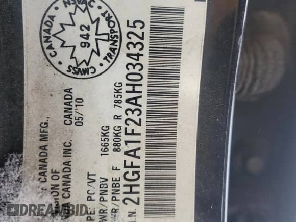 2010 Honda Civic with VIN 2HGFA1F23AH034325, listed as a Copart auction lot 43553895 with 163,372 mi miles and Salvage title. Bid and sale history available at DreamBid. Image 12.