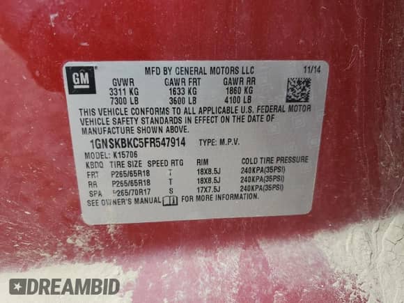 2015 Chevrolet Tahoe LT с VIN 1GNSKBKC5FR547914, выставлен на аукционе Copart как лот 84553605 с пробегом 164 094 миль миль и Списание • Salvage title. История ставок и продаж доступна на DreamBid. Изображение 13.