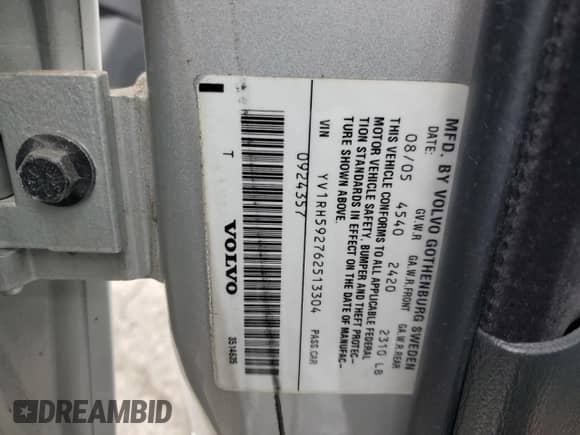 2006 Volvo S60 2.5L Turbo с VIN YV1RH592762513304, выставлен на аукционе Copart как лот 55805995 с пробегом 134 498 миль миль и Списание • Salvage title. История ставок и продаж доступна на DreamBid. Изображение 12.