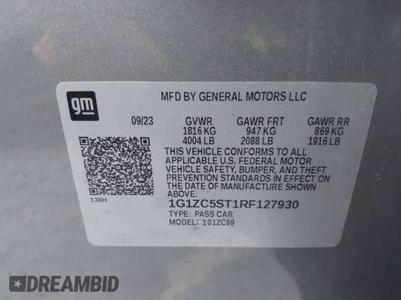 2024 Chevrolet Malibu LS с VIN 1G1ZC5ST1RF127930, выставлен на аукционе IAAI как лот 42404461 с пробегом 66 817 миль миль и . История ставок и продаж доступна на DreamBid. Изображение 9.
