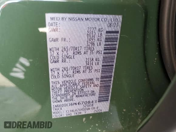 2023 Nissan Frontier Pro-X with VIN 1N6ED1EJ6PN670843, listed as a Copart auction lot 51841865 with 8,825 mi miles and Salvage title. Bid and sale history available at DreamBid. Image 14.